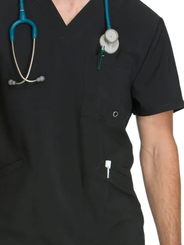 Vista 3 de Cherokee Infinity Men's V-Neck Scrub Top with 3 Pockets and 360° Stretch Negro