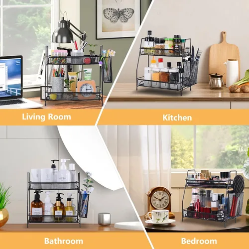 Vista 5 de Organizador de baño con canasta, bandeja de baño de 2 niveles para estante de almacenamiento de encimera, organizador de encimera de baño