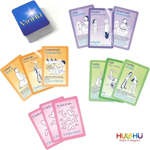Vista 3 de VirtHU - Juego de cartas de empoderamiento para todos (bilingüe EN/FR) – Domina las virtudes tradicionales y difunde el amor – Juego familiar