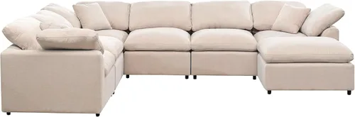 Vista 4 de Sofá modular de gran tamaño con otomana, lujoso juego de sofá modular en forma de L, sofá modular reversible de 7 plazas para sala de estar y beige