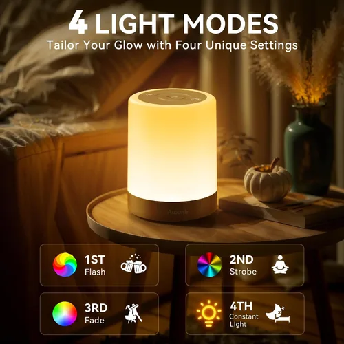 Vista 4 de Auxmir Luz nocturna para niños y bebés, lámpara táctil regulable para guardería, 11 colores RGB, 5 brillo, lámpara de mesa recargable portátil
