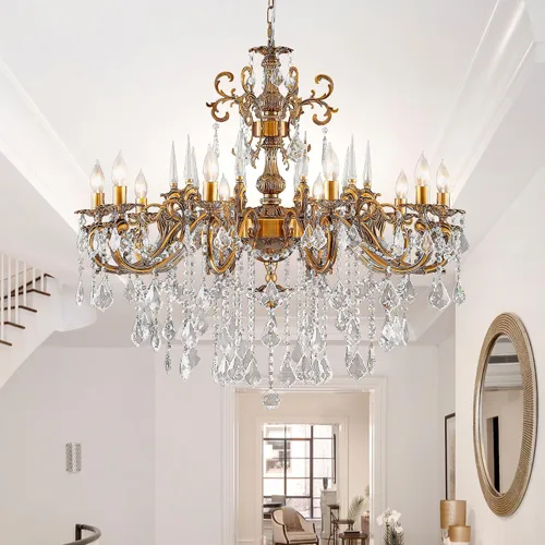 Vista 17 de Candelabros de cristal de bronce antiguo de lujo con lámpara colgante de vela, lámpara de techo de 6 luces de cristal dorado para comedor, sala
