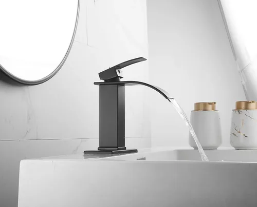 Vista 4 de Grifo de baño negro de un solo agujero con una manija para lavabo de baño, cascada, montaje en cubierta, grifo mezclador de baño comercial