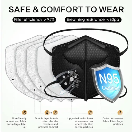 Vista 2 de Máscara N95 aprobada por NIOSH, paquete de 20 mascarillas respiradoras de partículas N95, ajuste universal, envueltas individualmente, color negro