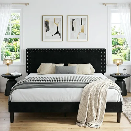 Vista 115 de VECELO Base de cama de plataforma de tamaño individual con cabecera tapizada de altura ajustable, base de colchón moderna, soporte de listones
