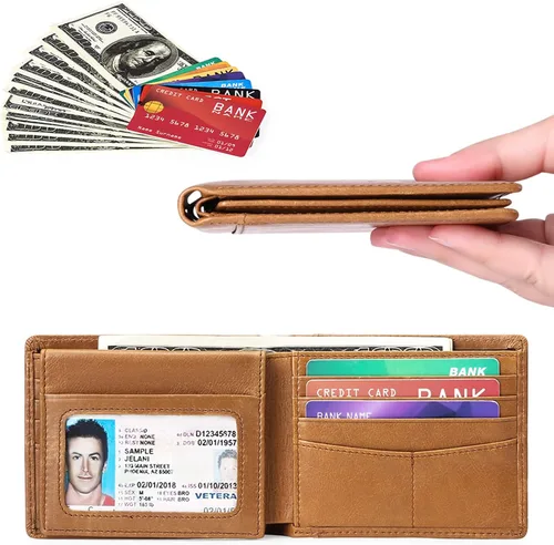 Vista 2 de FALAN MULE Cartera de cuero genuino para hombre, con bloqueo RFID, billetera plegable con 2 ventanas de identificación, Caqui, Classic