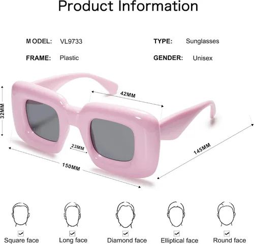 Vista 4 de VANLINKER Lindas gafas de sol cuadradas infladas para mujeres y hombres, gafas gruesas retro con marco grueso divertido máscara sombras VL9733
