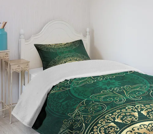 Vista 4 de Lunarable Colcha verde cazador, estilo mandala oriental retro, patrón de remolinos antiguos, diseño de remolinos florales, decorativo, acolchado