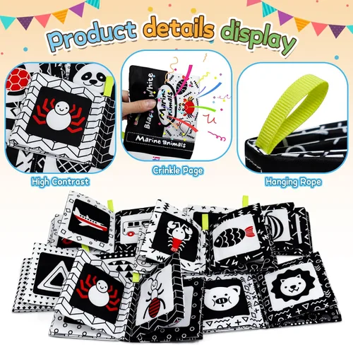 Vista 4 de Dr.Rapeti Libros de tela suave para bebés, libros de baño, paquete de 6 para bebés, niños pequeños, de alto contraste, blanco y negro, arrugado