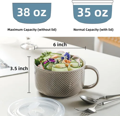 Vista 2 de Tazón de sopa de gran tamaño con asa: taza de sopa de cerámica de 38 onzas con tapa, apto para microondas, contenedor de almacenamiento de alimentos