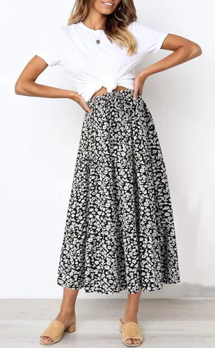 Vista 2 de MEROKEETY - Falda larga por debajo de la rodilla, acampanada y plisada de cintura alta con estampado floral bohemio y bolsillos para mujer