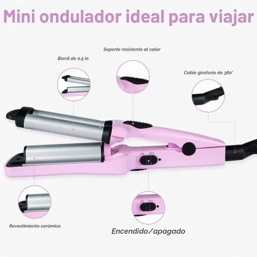 Vista 5 de Rizador de 3 barriles, mini crimpadora de pelo para viajes y olas