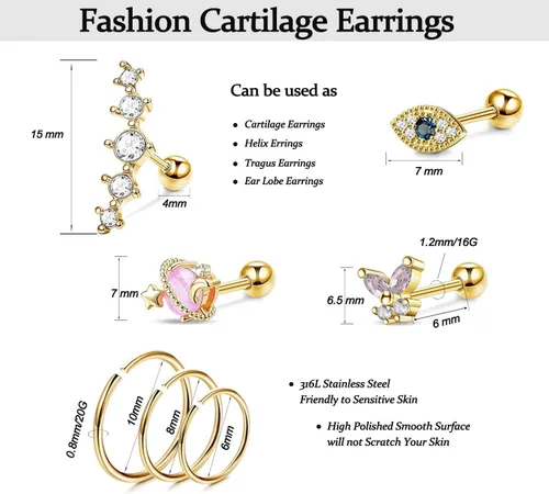 Vista 2 de UBOORY Aretes de cartílago, aretes hipoalergénicos, joyería de piercing para tragus, aretes de daith, aretes de hélice, joyería de piercing