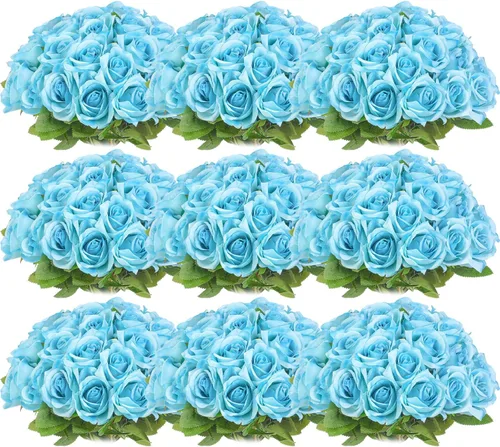 Vista 14 de Jexine 100 piezas de rosas artificiales a granel, ramo de rosas de seda falsas realistas de tallo largo para centros de mesa, jarrones, bodas, Beige