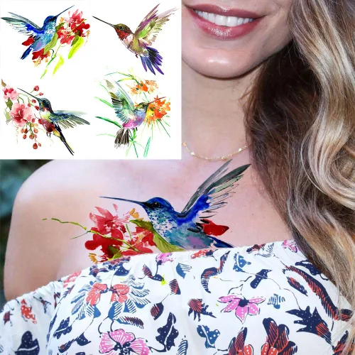 Vista 8 de 15 hojas de tatuajes temporales de colibrí de acuarela 3D de FANRUI para mujeres y niñas, pequeño, multicolor, colibrí, tatuaje, temporal, colorido