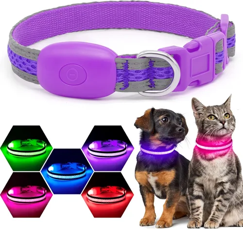 Vista 18 de Flashseen Collar LED para gato, collar de perro con luz recargable, luces de perro para caminar por la noche, cómodo collar de malla suave