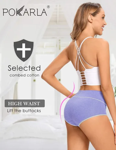 Vista 2 de POKARLA - Ropa interior de algodón y con cintura alta para mujer, es suave, es transpirable, son calzones elásticos, con talla regular