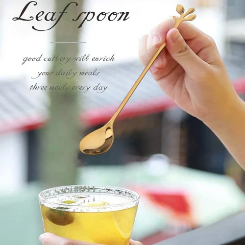 Vista 3 de Comicfs - Juego de 6 cucharas de té helado de mango largo, cuchara de helado de 7.6 pulgadas, cucharas creativas de cóctel de hoja dorada, acero