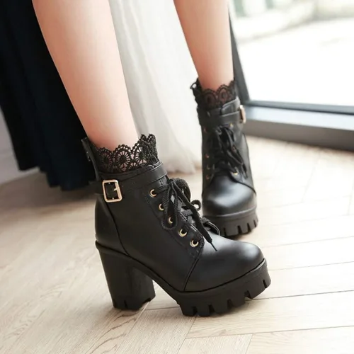 Vista 2 de Hbeylia Botas de combate de plataforma para mujer botas de cuero con encaje grueso botines de cuero gótico antideslizantes tacones altos botas