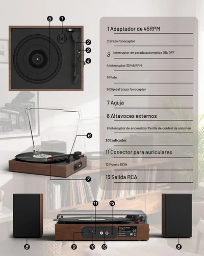 Vista 5 de Retrolife® - Tocadiscos con 2 altavoces externos, tocadiscos de vinilo, nogal 2-Speed Belt-Drive Turntable for 33/45/78 RPM Vinyl, Bluetooth