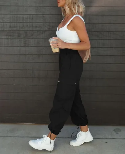 Vista 6 de Pantalones de paracaídas para mujer, cintura alta elástica, pantalones cargo Y2K holgados con 4 bolsillos