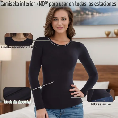 Vista 5 de +MD Womens Long Sleeve Undershirts Tops Bamboo Viscose Underscrub Round Neck, Slim Fit Baselayer, Soft Underscrub, Light Compression Tummy Control