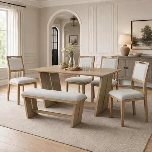 Vista 17 de Juego de mesa de comedor de 6 piezas con banco y 4 sillas Negro Beige-1