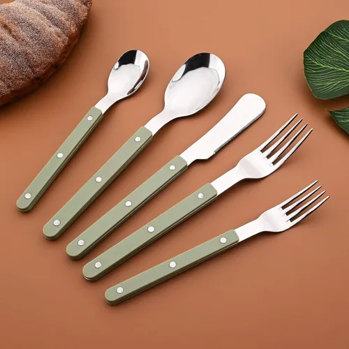 Vista 8 de Juego de 20 cubiertos de acero inoxidable para 4 piezas con mango de plástico acrílico, mantequilla y cuchillo de cena, juego de cubiertos
