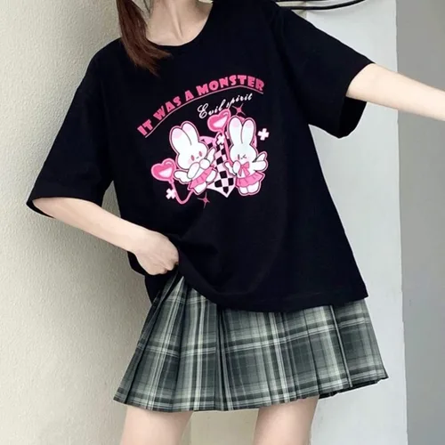 Vista 2 de Kawaii Clothes - Camiseta con estampado de conejito de dibujos animados y cuello redondo gótico pastel