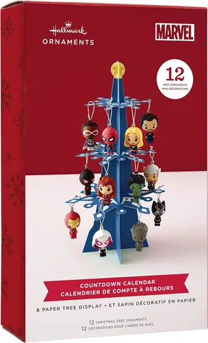 Vista 3 de Calendario de Adviento de Cuenta Regresiva de Marvel de Hallmark Conjunto de Árbol de Navidad en Miniatura con 12 Adornos Mini, Plástico