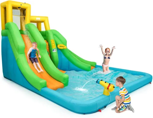 Vista 6 de Boundtech - Casa inflable para saltar, para usar en la alberca, con dos toboganes, pared de escalada, aro de baloncesto, alberca para sambullirse