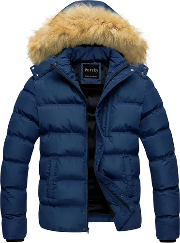 Vista 17 de Pursky Chaqueta de plumón impermeable para hombre, abrigos de invierno con capucha de piel para esquiar, parka con capucha de piel Verde militar