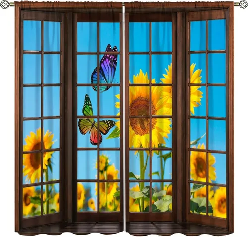 Vista 30 de Sunflower Curtains for Living Room Bedroom, Spring Nature Blue Sky and Butterfly Window Drapes, Rustic Wooden Fence Floral Botanical Decor, 2 Panels