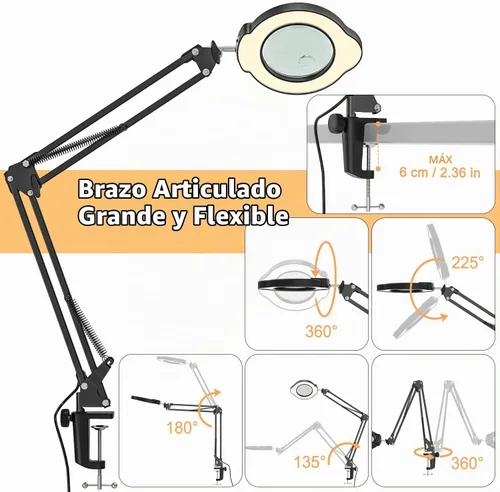 Vista 4 de Lupa con luz y abrazadera, lámpara de aumento de escritorio de 15X 10X, lupa de lente de cristal real de 84 LED, 5 modos de color regulable sin