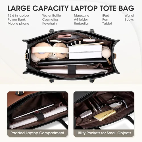 Vista 4 de RAINSMORE Bolsa de mano para laptop para mujer, 15.6 pulgadas, bolsas de trabajo grandes para mujeres, impermeables, para negocios, oficina