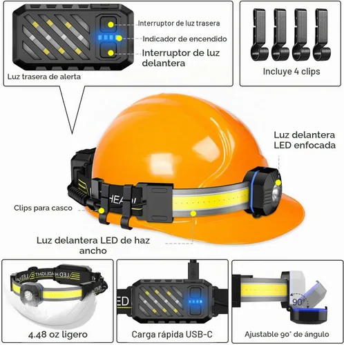Vista 5 de Linterna frontal LED, 1000 lúmenes, 230° de haz ancho, linterna frontal recargable por USB con luz trasera roja, luz ligera e impermeable