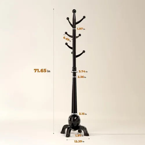 Vista 3 de Perchero de madera independiente, árbol de madera maciza con 8 ganchos, árbol de abrigo independiente resistente con base estable, entrada, pasillo