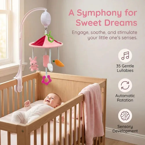 Vista 5 de Cuna móvil de conejo y zanahoria con música, para niños recién nacidos de 0 Rabbit rosa