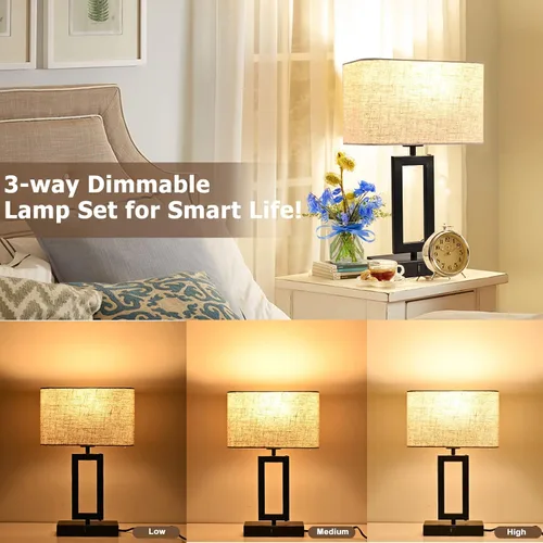 Vista 3 de Juego de 2 lámparas de mesa con control táctil con USB doble, regulable de 3 vías para dormitorio, sala de estar, oficina, bombillas LED incluidas