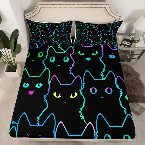 Vista 2 de Erosebridal Juego de ropa de cama para niños, sábanas kawaii con diseño de gato, tamaño individual, juego de cama de 3 piezas con 1 sábana bajera, 1