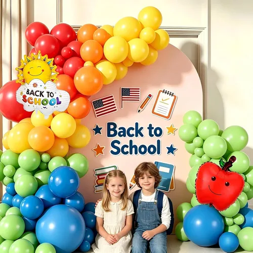 Vista 6 de Decoraciones de fiesta de regreso a clases, kit de arco de guirnalda de globos arcoíris con globos de aluminio de manzana para graduación, primer