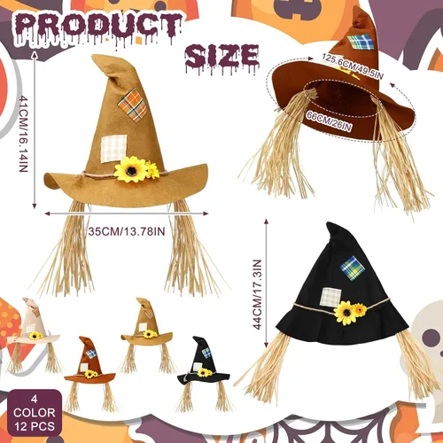 Vista 2 de ramede Paquete de 12 sombreros para disfraz de espantapájaros de Halloween, sombrero de mago, accesorio para adultos, hombres, mujeres y niños