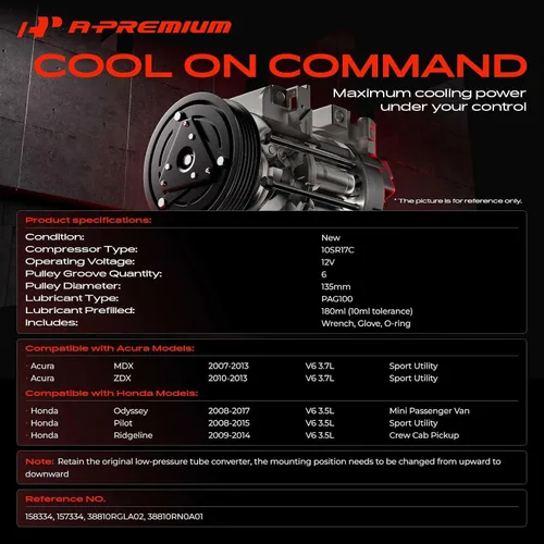 Vista 2 de Compresor de aire acondicionado A-Premium con embrague Compatible con Acura MDX 2007-2013, ZDX 2010-2013 y Honda Odyssey 2008-2017, Pilot 2008-2015