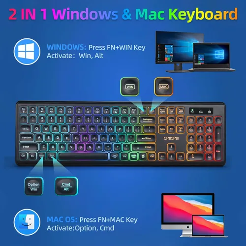 Vista 2 de Combo de teclado y mouse inalámbricos, teclado y mouse recargables con luz LED arcoíris de 2.4 GHz, mouse silencioso y teclado para Mac, Windows