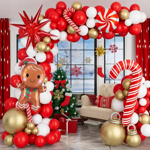 Vista 7 de AobkDeco Kit de arco de guirnalda de globos de Navidad de 138 piezas con globos rojos, verdes, dorados y blancos, globos de caramelo, globos