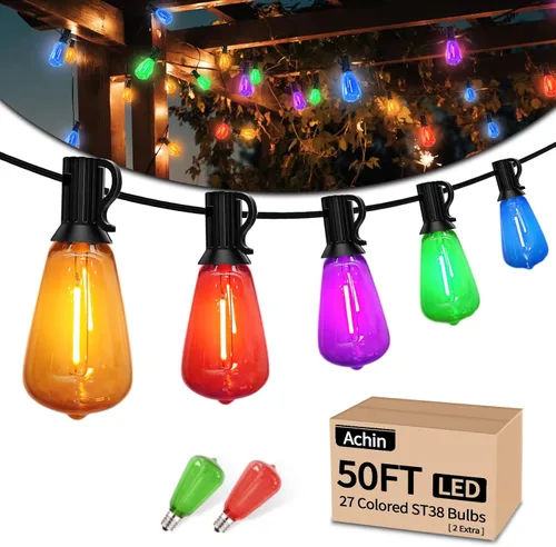 Vista 11 de Achin 50FT Solar String Lights Outdoor with 32 LED Bulbs 1.5FT Bulbs Spacing,Patio String Lights Whith Remote, IP65 Waterproof, 3600mAm Battery