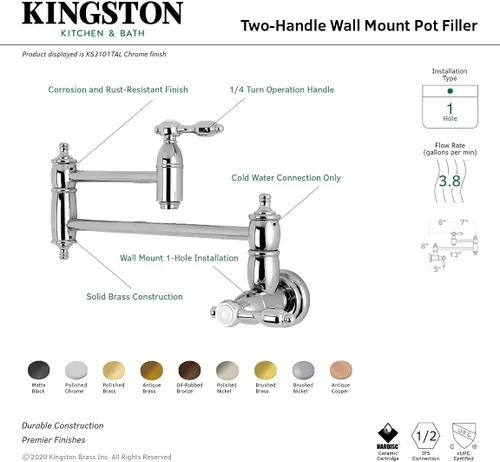 Vista 6 de Kingston Brass KS3103TAL - Grifo de cocina para relleno de olla de montaje en pared, latón antiguo
