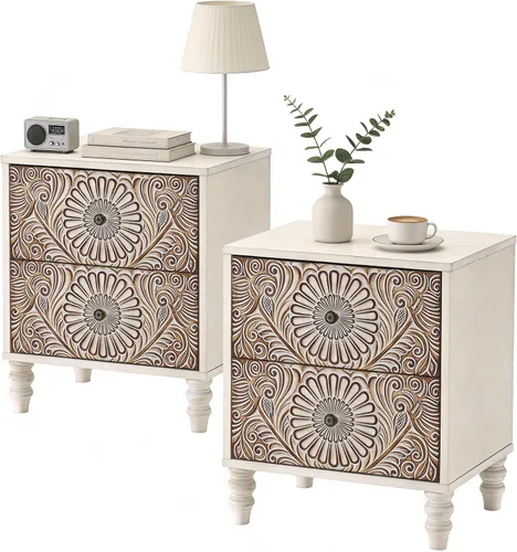 Vista 10 de HOMPUS - Mesa de noche blanca con cajón y almacenamiento, mesa de noche con motivo floral completamente ensamblada para espacios pequeños, mesa
