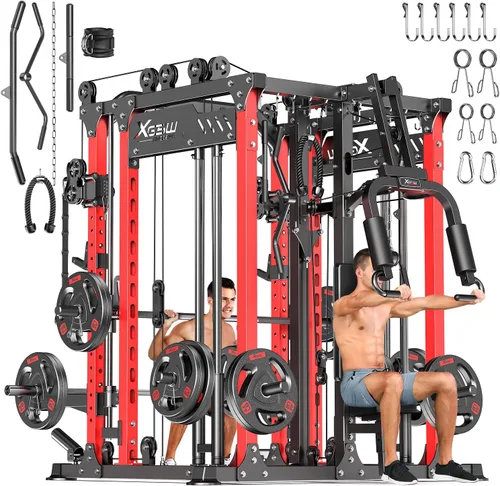 Vista 43 de Rack Multiusos para Sentadillas, Conjunto de Rack de Pesas Smith Machine con Sistema de Crossover de Cables, Racks de Potencia para Gimnasio