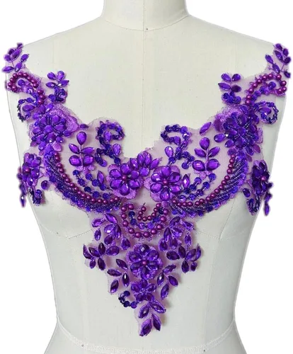 Vista 10 de Parches de encaje con flores y cuentas de perlas, apliques de strass para coser en ropa, cuello (AB)
